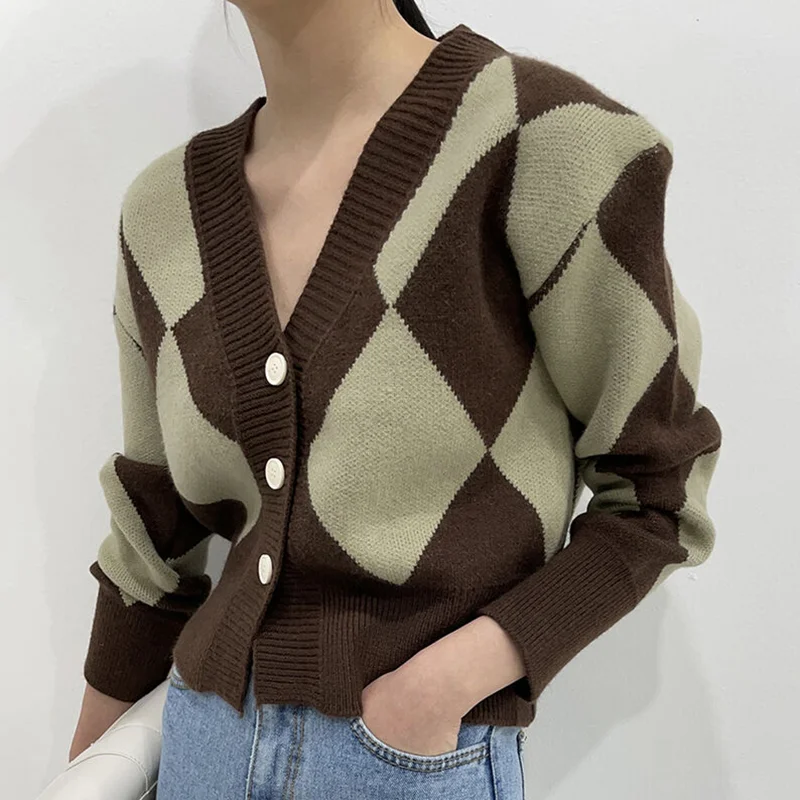 

Korean Style Argyle Knitted Sweater Cardigan Women V-Neck Plaid Casual Loose Female Cropped Sweaters Sueter Mujer Invierno 2022