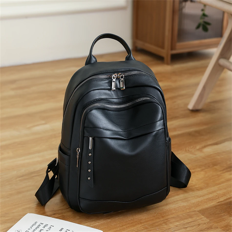 

New Women Backpacks Solid Casual Travel Bagpack Fashion Pu Leather Rucksack School Bookbag High Quality Female Backpack Mochilas