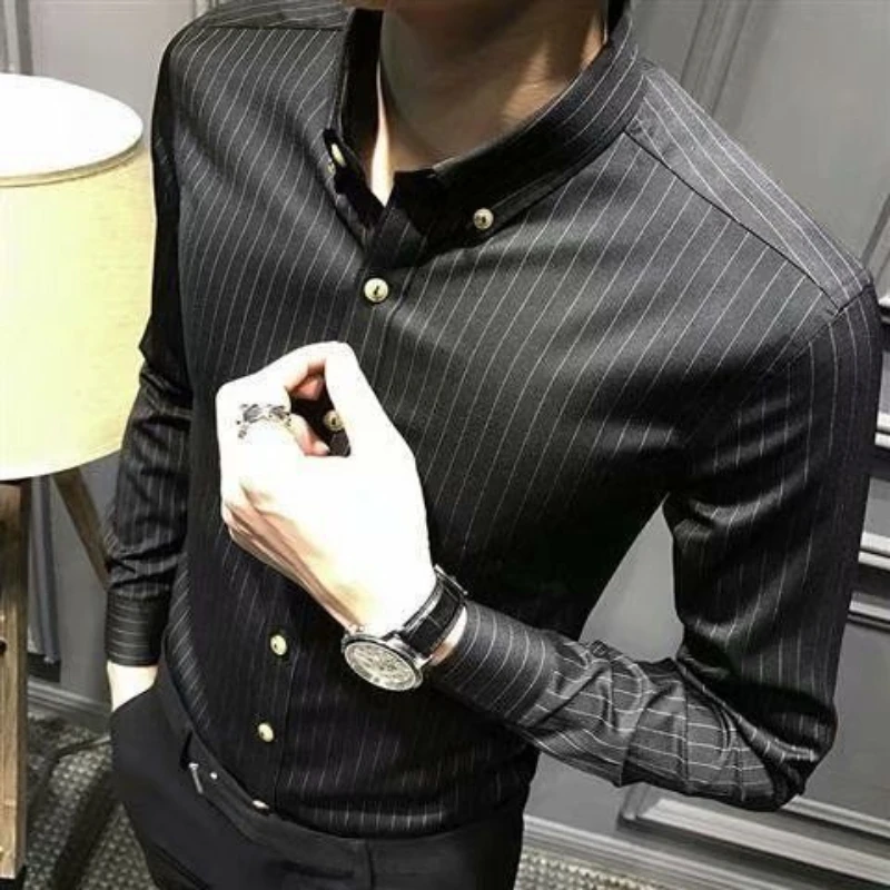 

Новая весенняя модная мужская одежда полосатая с принтом Тонкая Повседневная тонкая рубашка с длинным рукавом Корейская версия для бизнеса