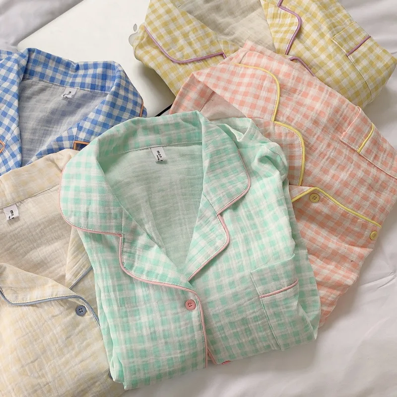 QWEEK Pyjamas Women Striped Plaid Cotton Pijamas Sleepwear Pajamas for Teen Girls Soft and Comfortable Summer Lounge Wear Pizama