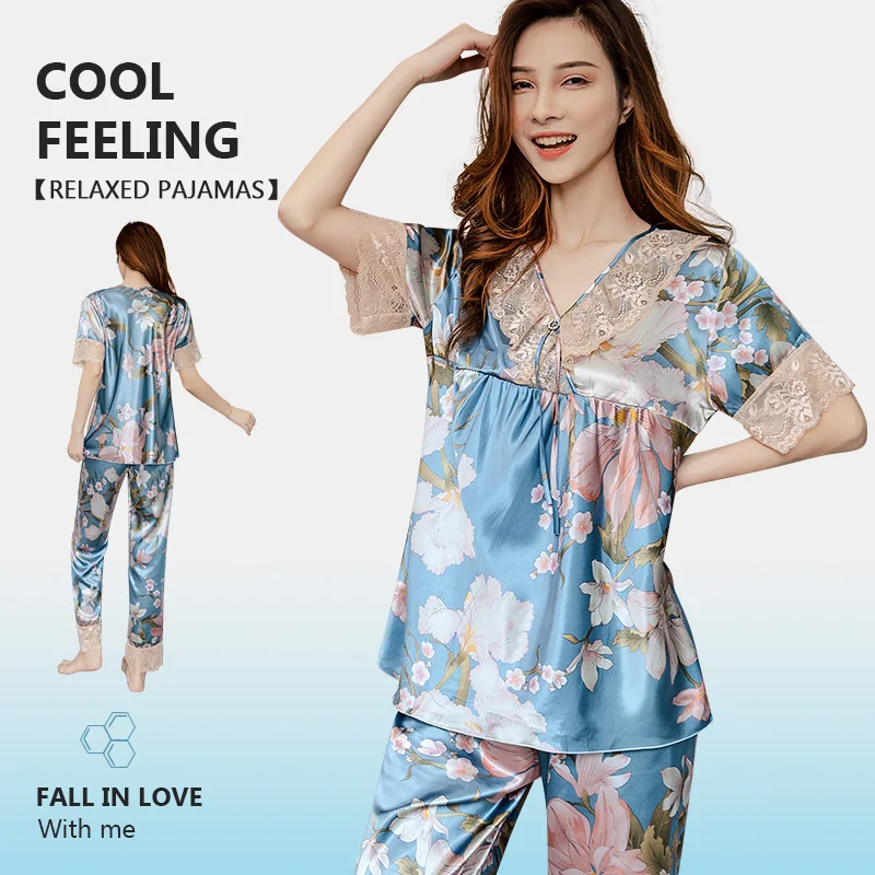 Ice Silk Pajamas Female Summer Short Sleeve Trousers Thin Style Sexy Silk Pajama Sweet Summer Satin Home Clothes Two-piece Set