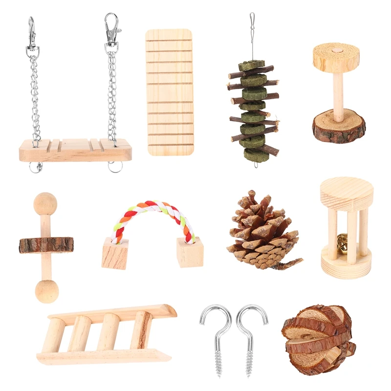 

BEST10 Pcs Set Hamster Chew Toys Natural Wooden Gerbils Rats Chinchillas Toys Accessories Dumbbells Exercise Bell Roller Teeth C