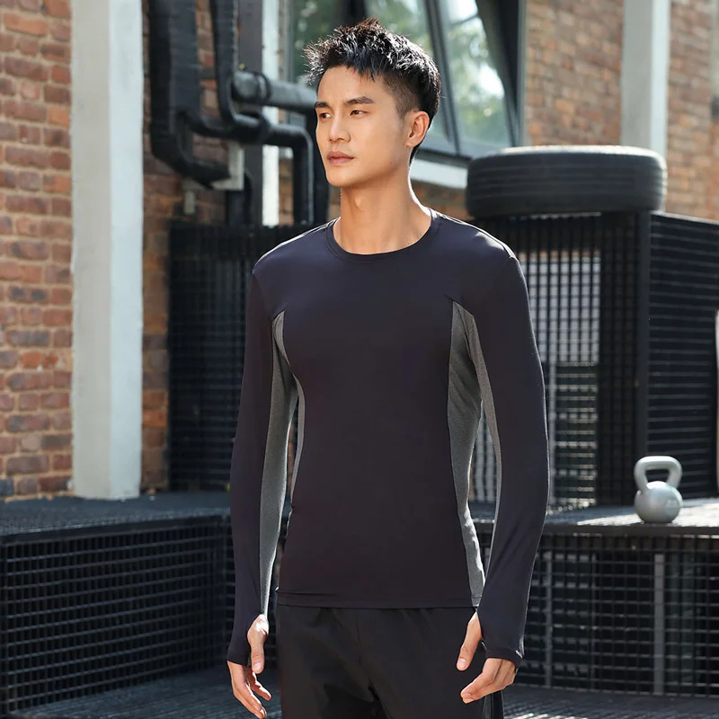 

Outdoor men's sports long sleeved T-shirt New splicing trend fitness running shooting suit Round neck men's fast drying tights