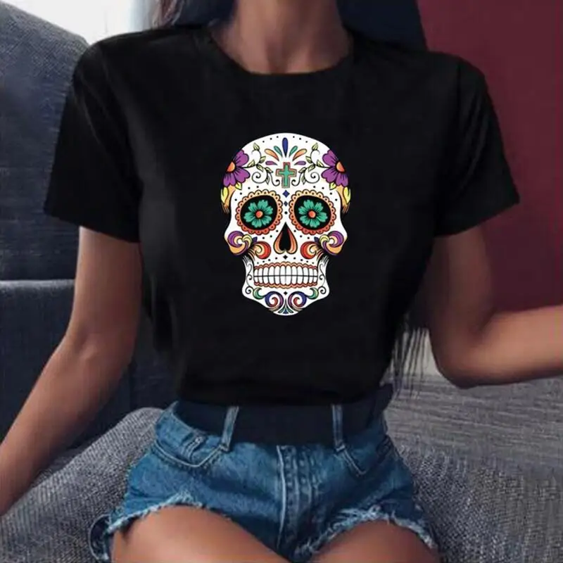 

Skull Death Floral Funny T Shirt Women Top Summer Short Sleeve Fashino Harajuku Shirt T-shirt Femme Casual Tshirt Camiseta Mujer