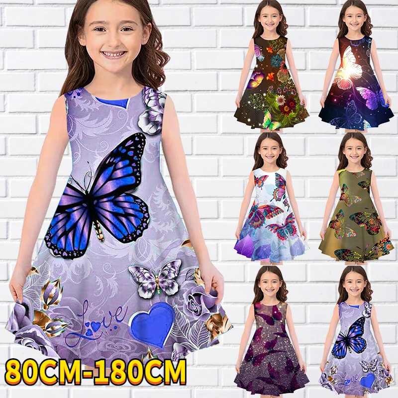 

Kids Little Girls Sleeveless Dress Girls Dress Kids Daily Casual Cute Sweet Over Knee Sleeveless Butterfly Print Dress 80-180CM