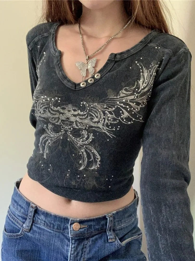 

Graphic Print Retro Y2K Crop Tshirts Vintage Harajuku Grunge Fairycore Clothes Aesthetic 90s V-neck Autumn Tops