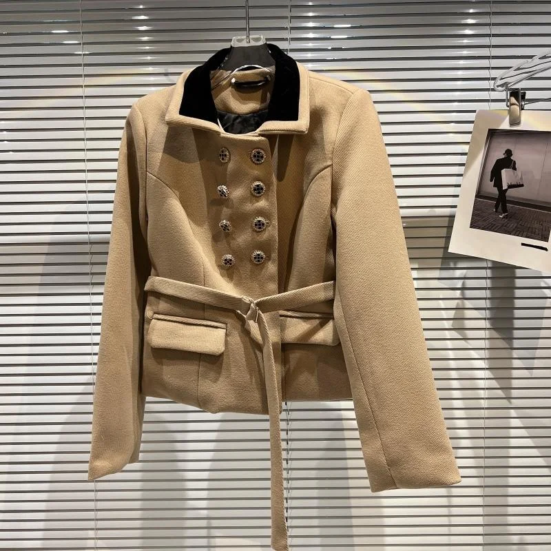 

PREPOMP 2022 Winter Turn Down Collar Double Breaasted Metal Buttons Khaki Cotton Coat Women Woolen Jacket With Belt GD674