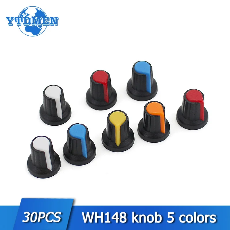 

30PCS/lot potentiometer knobs 15X17mm 6mm WH148 potentiometer 5 colors knob cap Yellow Orange Blue White Red 5value*6PCS=30PCS
