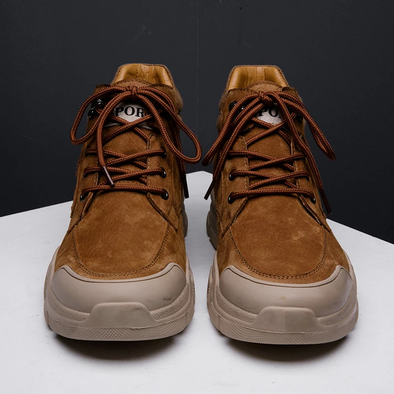 

2019 new leather socks boots men's lace warm flight knitted work boots men's autumn and winter outdoor stretch shoes