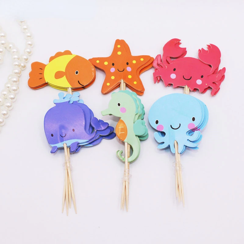

24Pcs Birthday Cake Toppers Fish Sea Star Crab Shape Cake Flags Baby Shower Theme Cake Decoration Party Supplies