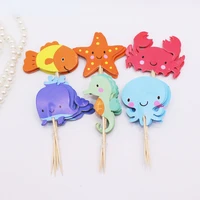 24pcs birthday cake toppers fish sea star crab shape cake flags baby shower theme cake decoration party supplies