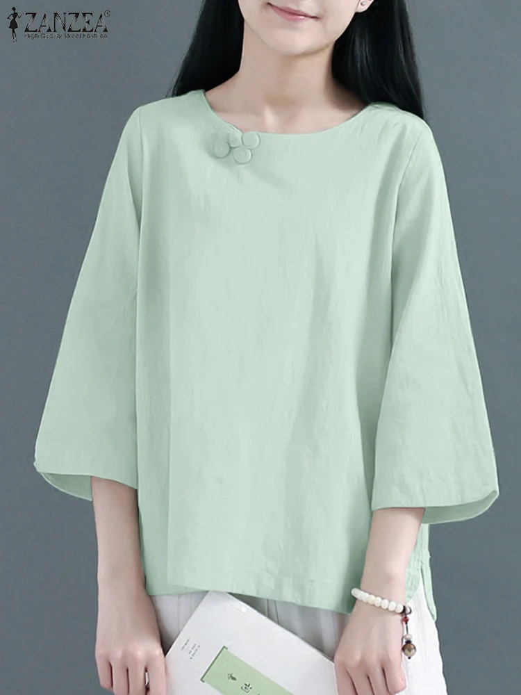 

ZANZEA Women O Neck Buttons Blouse Vintage 3/4 Sleeve Shirt Loose Cotton Blusas Fashion Summer Tops Tunic Autumn Pullover Mujer