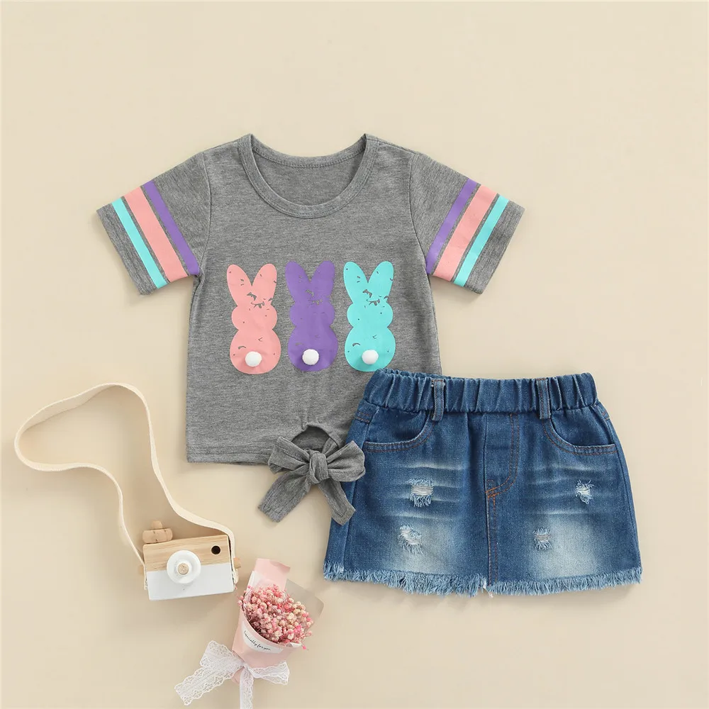 

Милый комплект одежды для маленьких девочек, футболка с принтом кролика, футболки, топы, синяя джинсовая юбка, детские летние повседневные н...