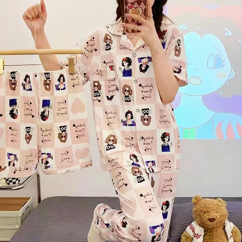 Women's Sweet Pajamas Set Full Sleeve T-shirt Long Pants Shorts 3PCS/Set Princess Cartoon Pyjama Big Size Homewear Cozy PJS