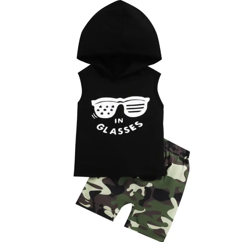 

Infant summer outfits Baby boy clothes set 6 to 12 months glasses letter Sleeveless tops camouflage shorts 2pcs boys tracksuits
