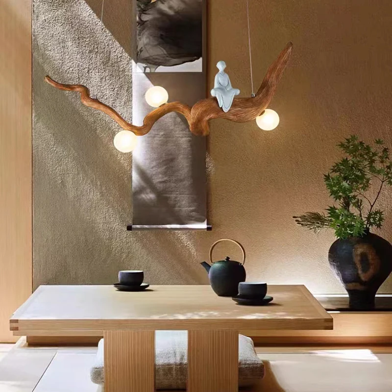 Фото Подвесные светильники в китайском стиле Zen из смолы, чайный домик, столовая, светодиодный подвесной светильник, освещение для внутреннего декора, цветные светильники дерева №4