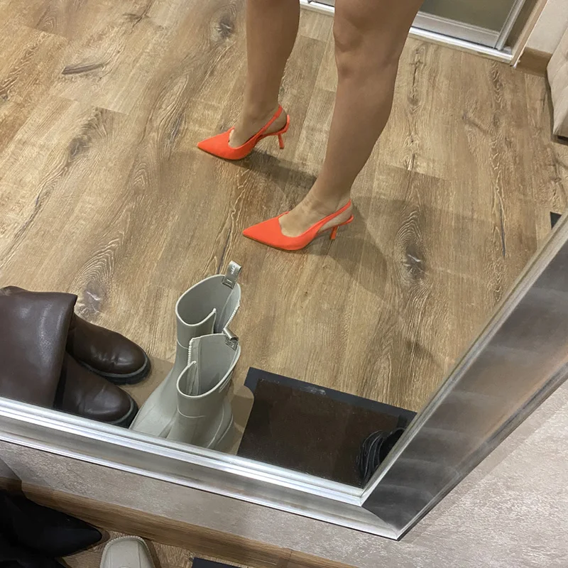 Women 9cm High Heels Pumps Neon Orange Green Sandals Lady Slingback Mules Pointed Toe Mid Heels Party Fetish Prom Wedding Shoes