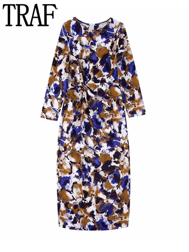 

TRAF Print Wrap Dress Woman Pleated Long Dress Women Long Sleeve Evening Dresses Ladies Autumn Slit Midi Dresses for Women 2022
