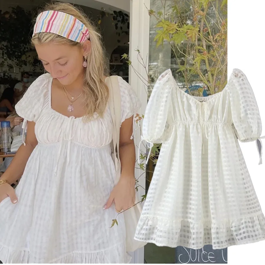 

Maxdutti England Fashion Elegant Beach Party Summer Dress Women Tops 2022Ins Fashion Blogger Vintage Drawstring Mini Dress Women