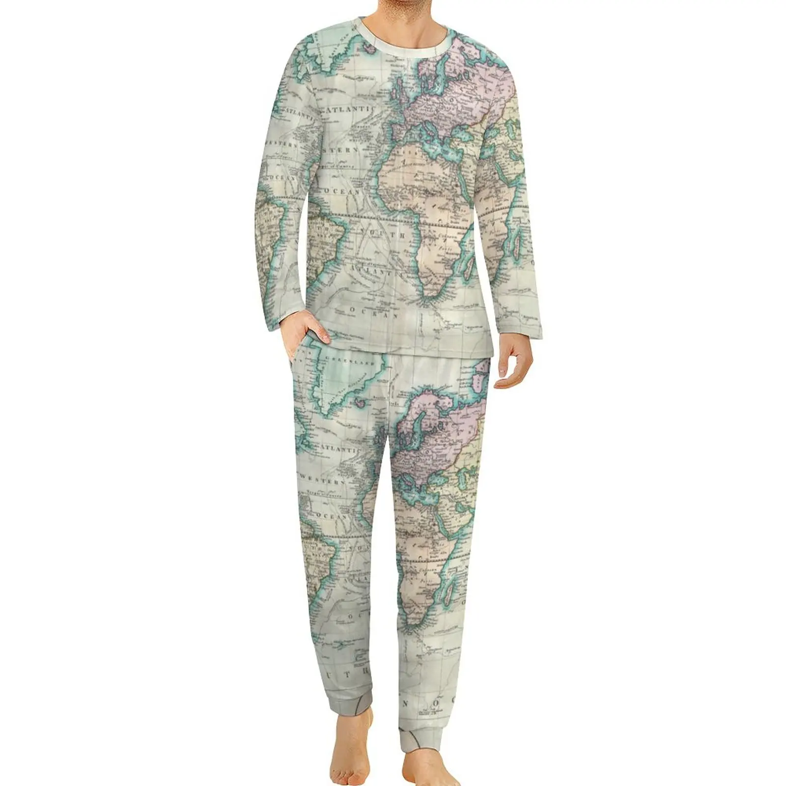 

Vintage Map Pajamas Winter 2 Piece The World 1801 Print Romantic Pajama Sets Men Long Sleeve Room Design Home Suit Big Size 5XL