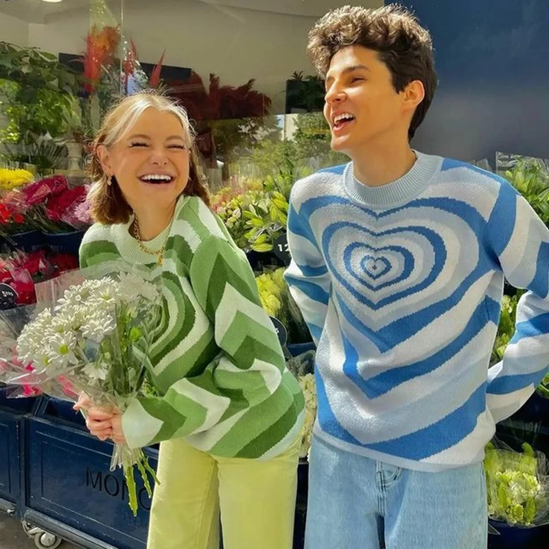 

Женский свитер с длинным рукавом Sifreyr, пуловер в полоску с сердечками и круглым вырезом, трикотажный топ в стиле Харадзюку, Y2K