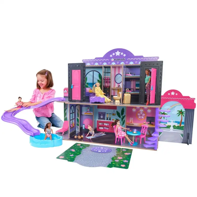 

Wooden Hotel & Waterslide Dollhouse, 32 Accessories