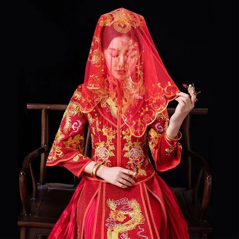 

Wedding Veil Dress Accessories Chinese Bride's Head Covering Red Gold Bling Bling Scarf