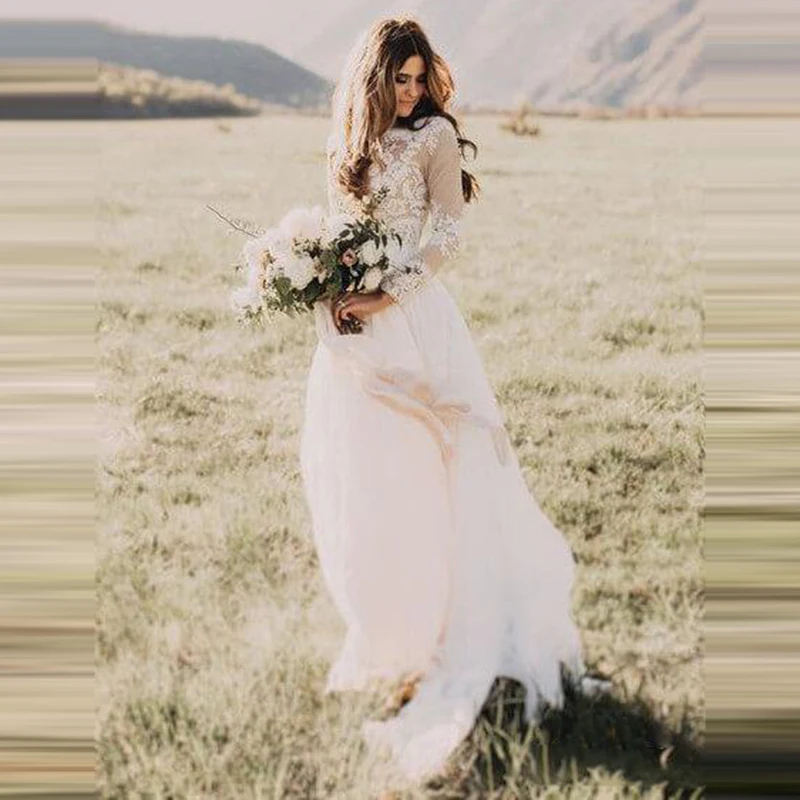 

Long Sleeve Rustic Weding Dresses Lace Appliqued Ivory Beach Wedding Dress Elegant A-Line Tulle Bridal Gowns
