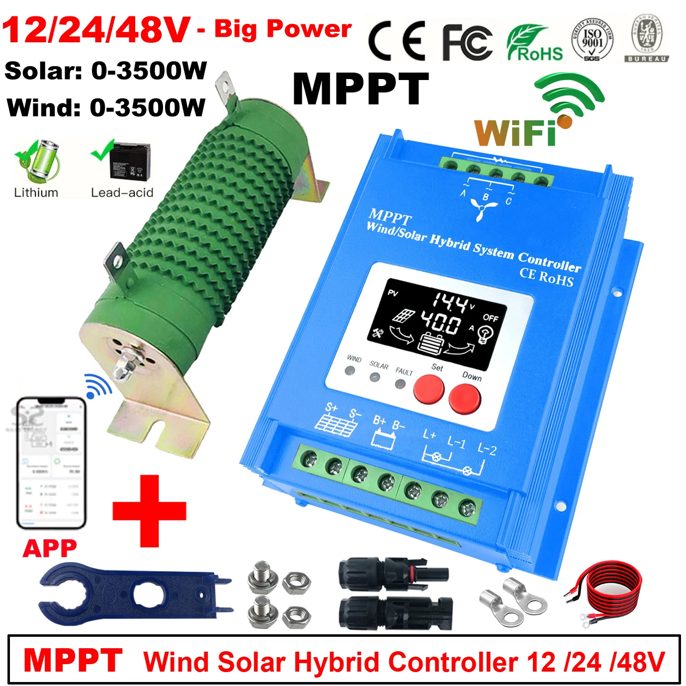 

7000W 12V 24V 0~3500W Wind 0~3500W Solar MPPT Wind Solar Hybrid Controller Pioneer Version Charge Lithium Lead Acid GEL Battery