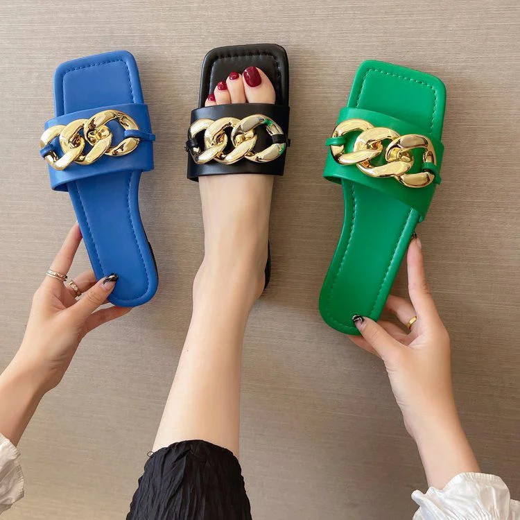 

2022 Sandals Summer Ladies Fashion Chain Open Toe Square Toe Flat Slippers Beach Shoes Women Elegant Sandals Large Size 35~43