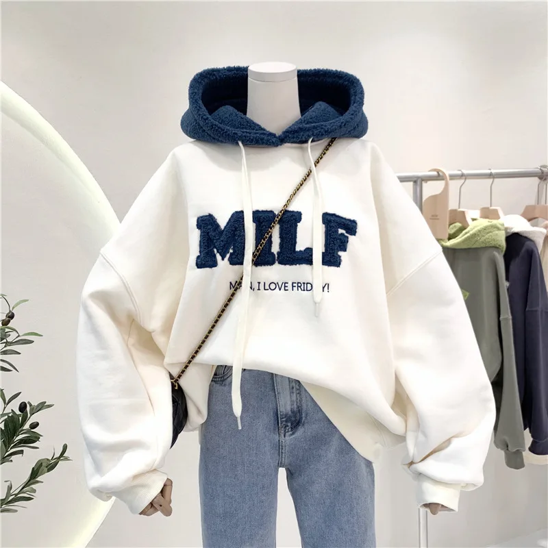 

Fashion Patchwork Sweatshirt Women Autumn Winter Casual Loose Thick Letter Long Sleeve Hoodies Female Streetwear Y2k Tops