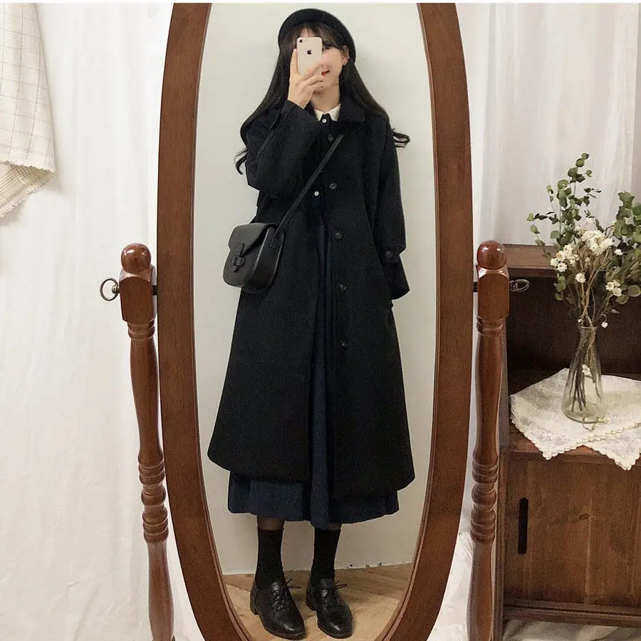 Women‘s Coat Winter Korean Fashion Long Coated Thickened Woolen Winter Coat for Women Black Coat coat plus size  пальто  tweed