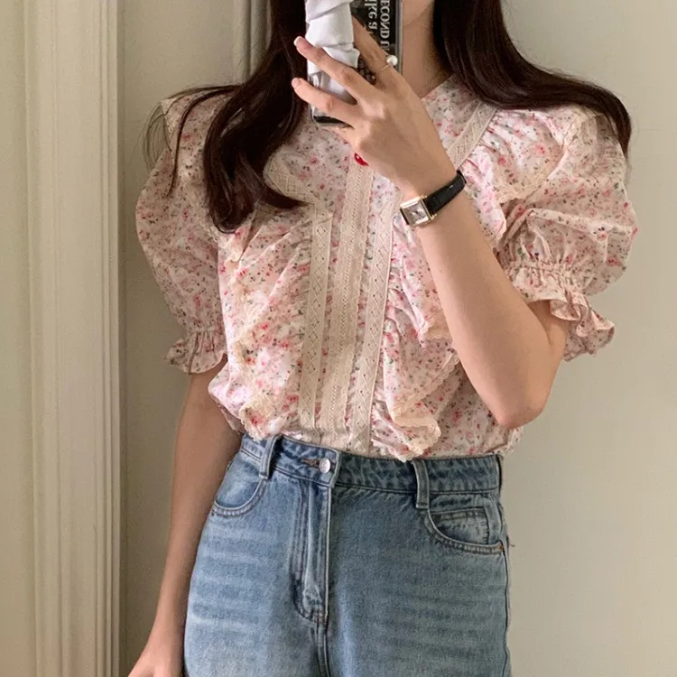 

Женская свободная рубашка с круглым вырезом, коротким рукавом-фонариком