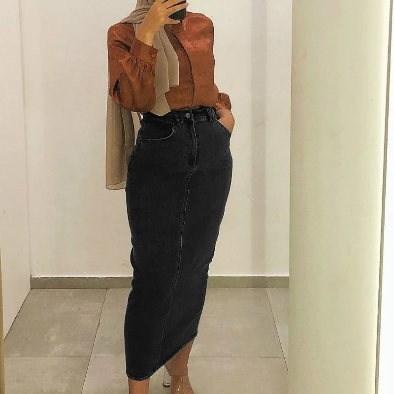 

Women Spring Autumn Long Pencil Denim Skirt Polyester Dress Summer Lady Fashion Solid High Waist Slim Fit Skirt Dubai Streetwear
