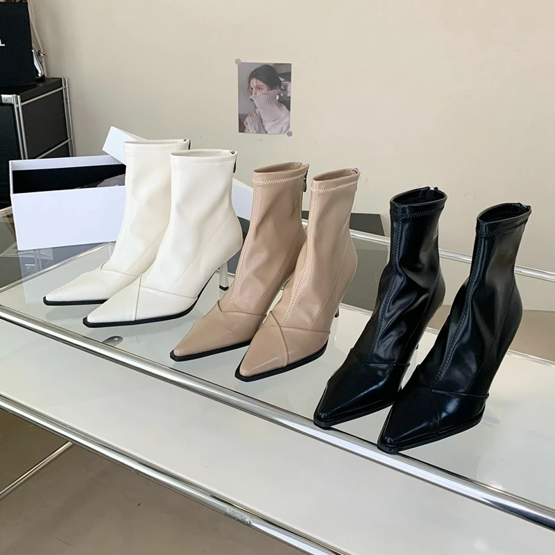 

Новинка 2023, модные женские ботильоны на тонком высоком каблуке с острым носком, зимние ботинки челси, женские ботинки