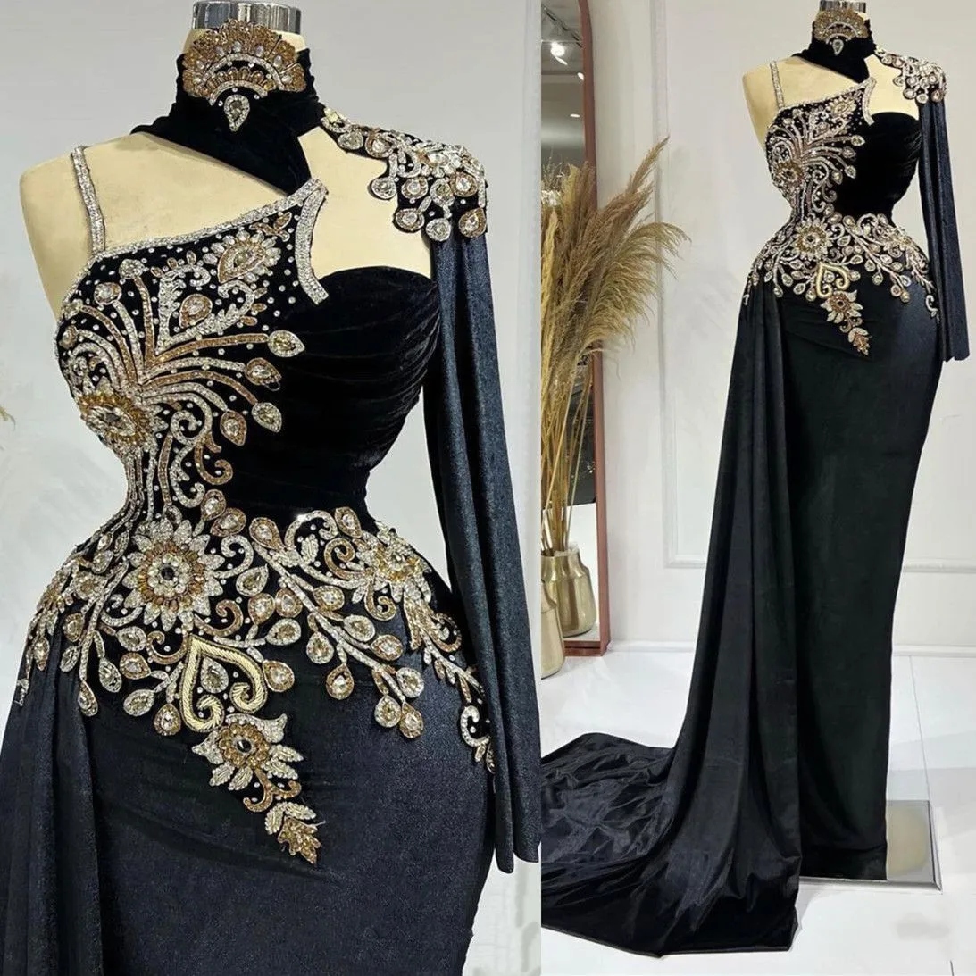 

Aso Ebi Black Velvet Prom Dresses Crystals Beaded Lace Evening Formal Party Second Reception Birthday Engagement gown