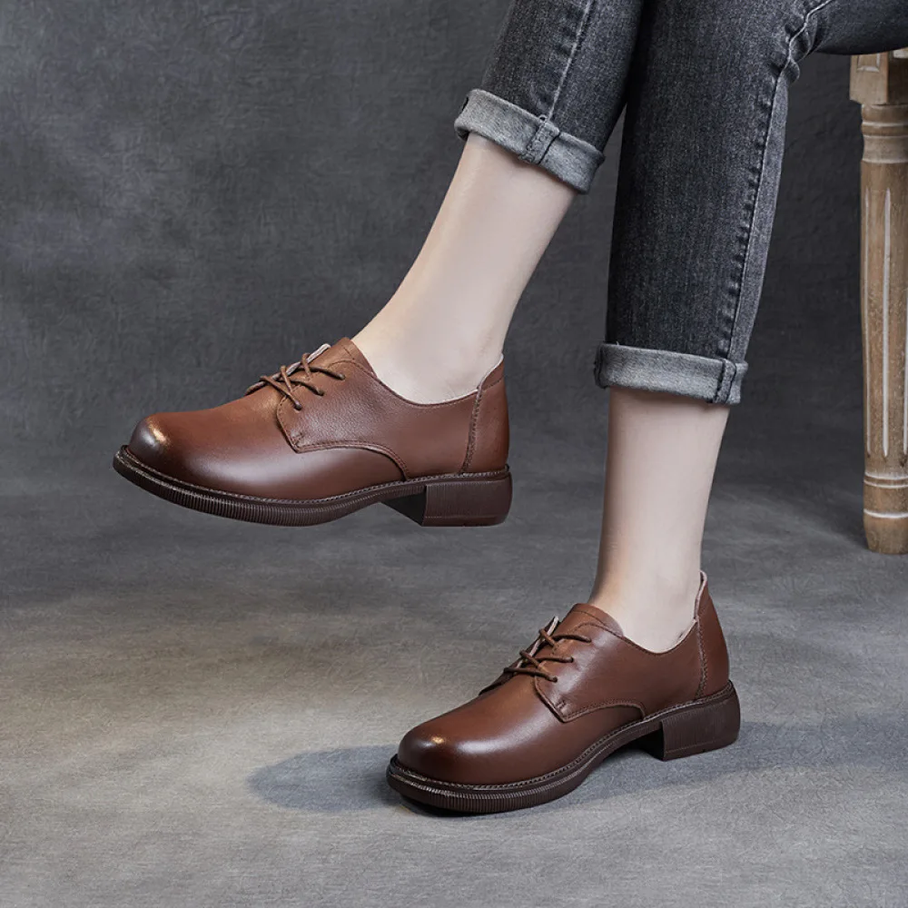 

Genuine Leather Single Shoes Spring 2022 British Round Toe Lace Up Low Heel Soft Flat Heels Working Women's Loafers