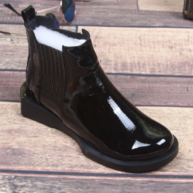 

Glossy Patent Leather Flat Elastic Short Boots Muffin Heels Women's Chelsea Boots Short Plush Lining Ankle Boots