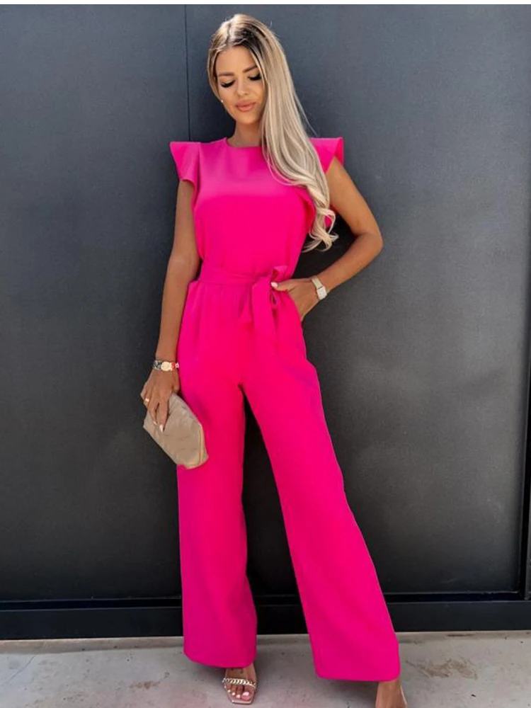 

Summer Jumpsuit Woman Clubwear Fashion Casual Sleeveless Ruffles White Lace Up Jumpsuit Female Elegant Romper Overalls For Women