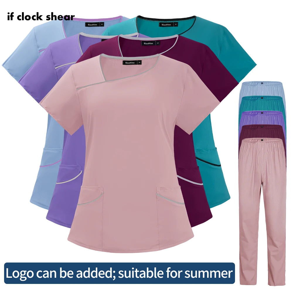 

Medical Women's Nurse Uniforms Solid Color V-Neck Short-Sleeved Tops Pants for Nurse's Workwear Fashion Scrubs Nurse Accessories