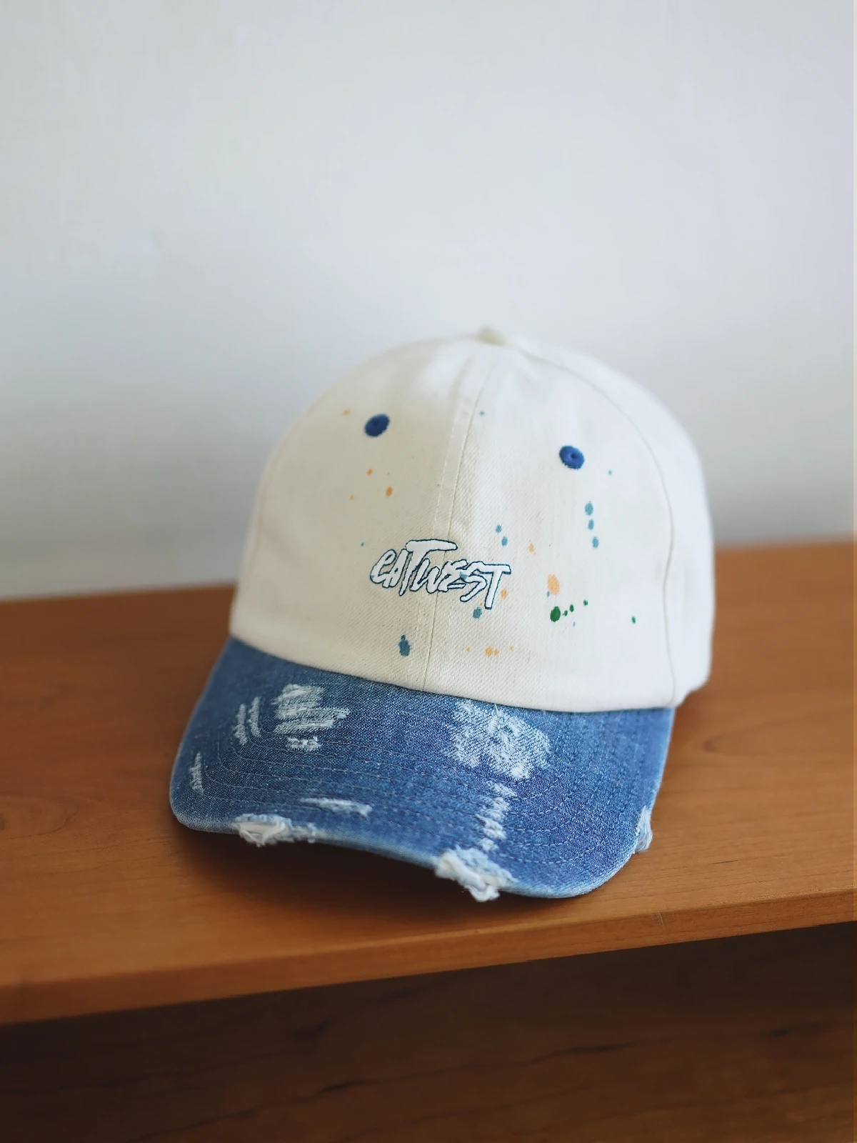Cat West Design Denim Color Matching Casual Brim Hat Retro Distressed Baseball Cap Youth Men's and Women's Dome