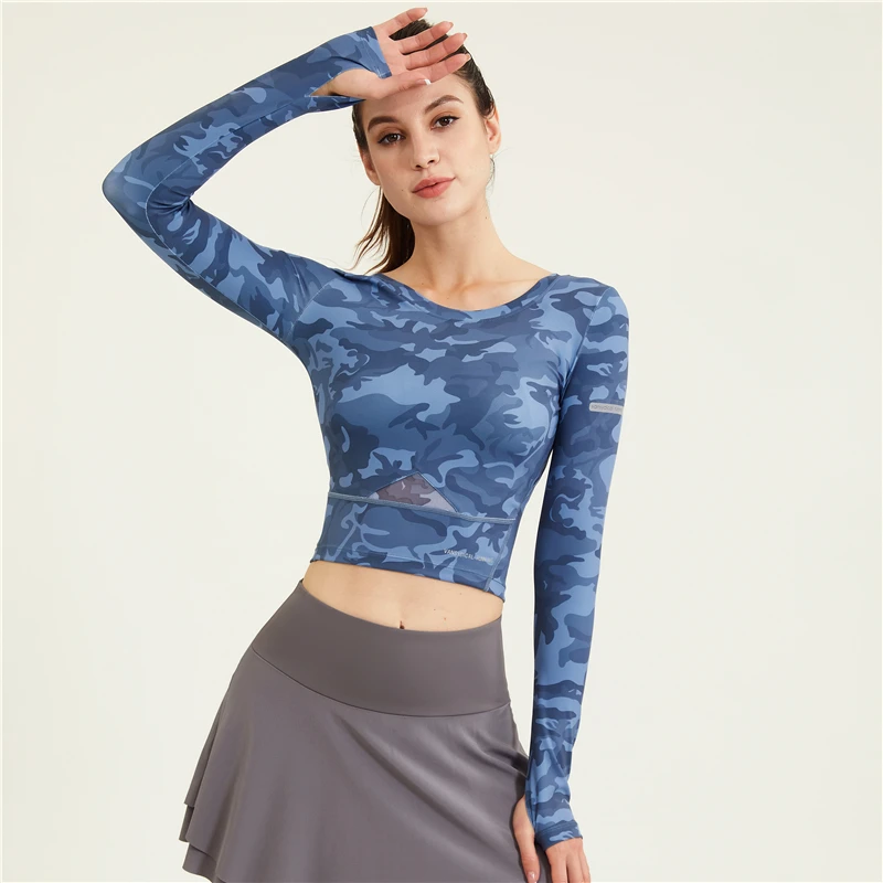 Vansydical Sexy Women Camouflage Sport Shirts High Elastic Gym Yoga Tops Running Breathable Long Sleeve T-Shirts Tie Dye Top