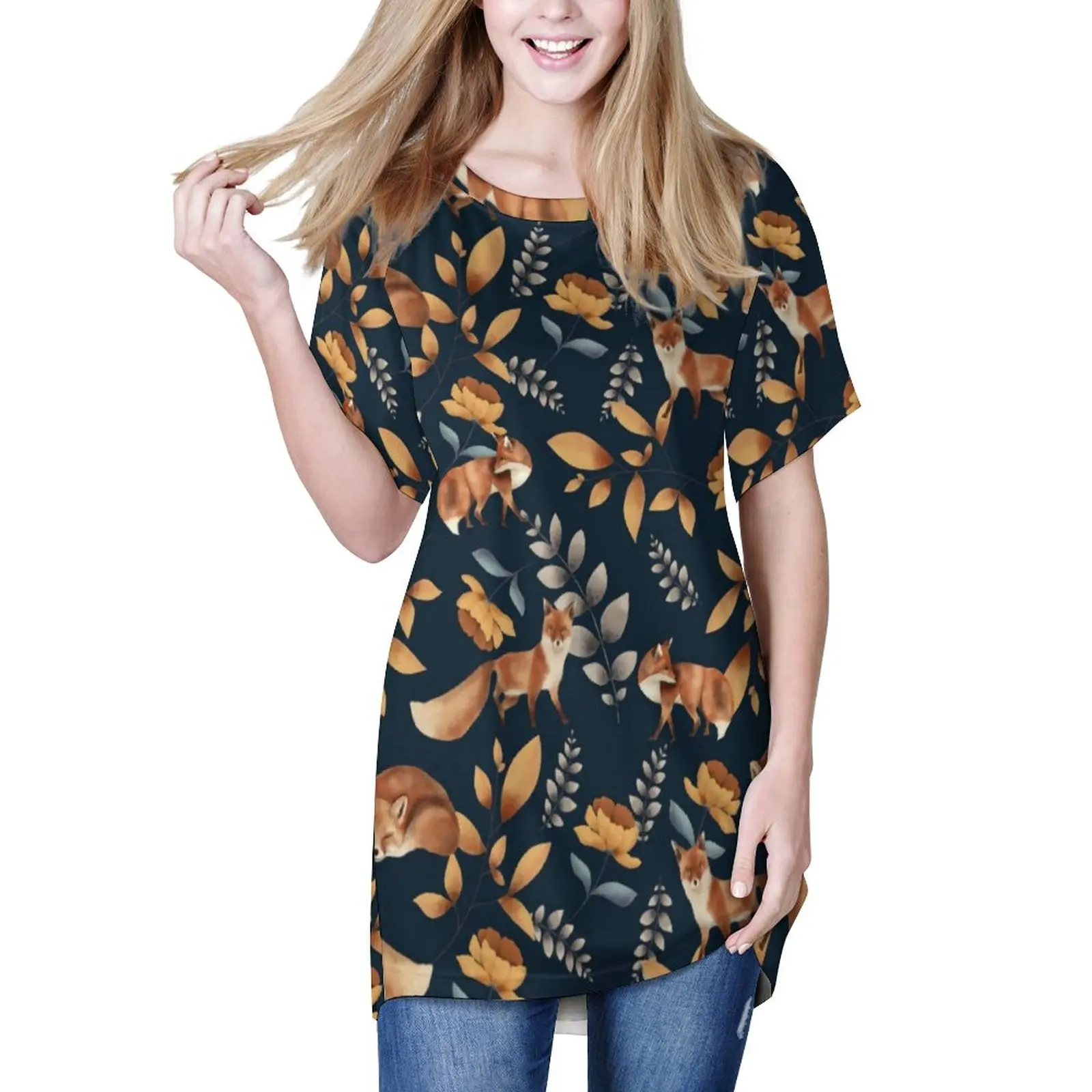 

Свободные футболки с изображением диких животных, лисы, Современная Повседневная футболка с цветочным принтом, футболки оверсайз с коротки...