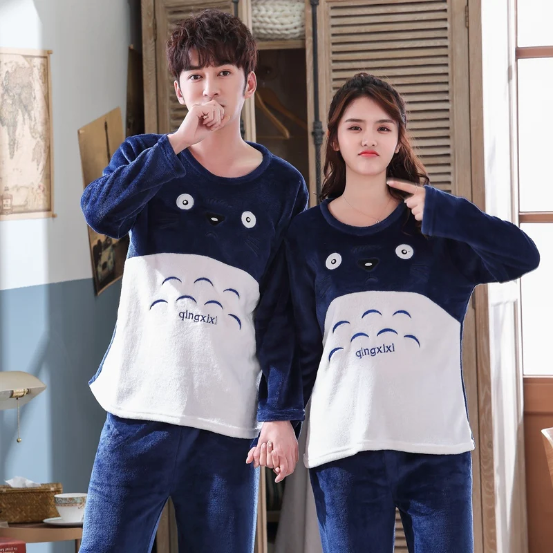 2020 Winter Couples Long Sleeve Thick Warm Flannel Pajama Sets for Women Coral Velvet Cute Cartoon Totoro Sleepwear Men Homewear