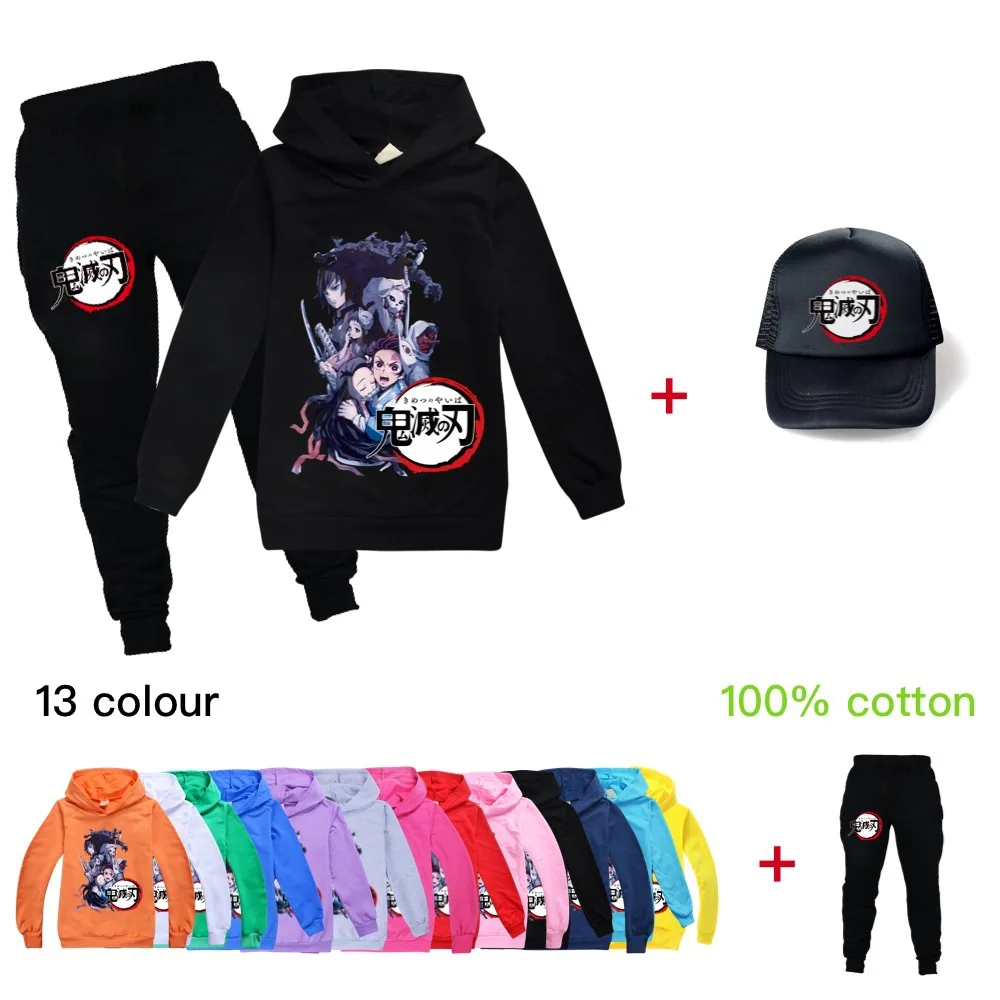 

Teens Sweatshirts Demon Slayer Print Hoodie Fall Kids Hoodies And Pant+Sun hat Children Clothing Set 2-16Years Girl Boys Clothes