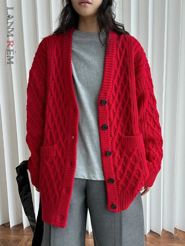 [LANMREM] Шерстяной вязаный кардиган свитер женский однобортный офисный с v-образным