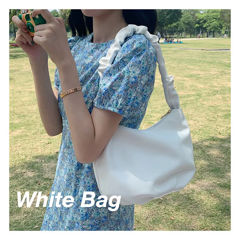 

Trend Wild Women Underarm Bags 2022 New Solid Color Folds Shoulder Bag Japan Korea Soft PU Leather Cloud Hobos Female