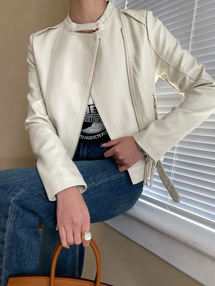 

Ailegogo Streetwear Female Slim Fit Faux Pu Leather Short Jacket Spring Autumn Women Zipper Moto Biker Coat Outwear Tops