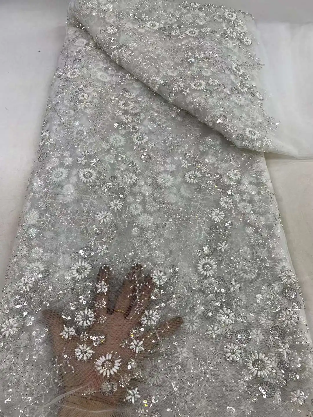 Белая Тяжелая кружевная ткань ручной работы из бисера вышитая французским