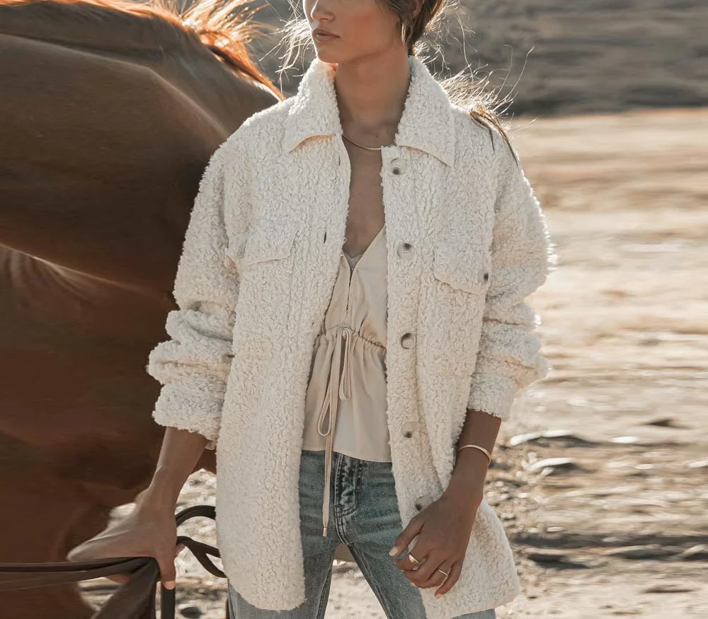 

Casual Single Breasted Loose Plush Women Jacket 2021 Autumn Fashion New Solid Color Long Sleeve Jacket Lady Coats Woman Clothes